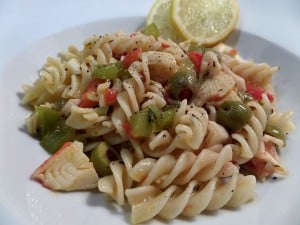 Faux Crabmeat with Vegetables and Pasta