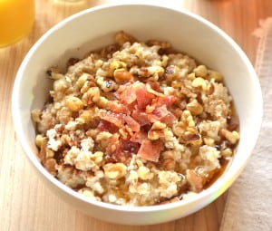 My favorite bowl of oatmeal. Made with Quaker Oats, bacon, pure maple syrup, walnuts & brown sugar - yum!