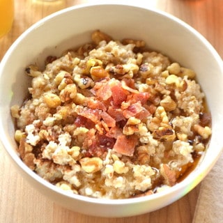 My favorite bowl of oatmeal. Made with Quaker Oats, bacon, pure maple syrup, walnuts & brown sugar - yum!