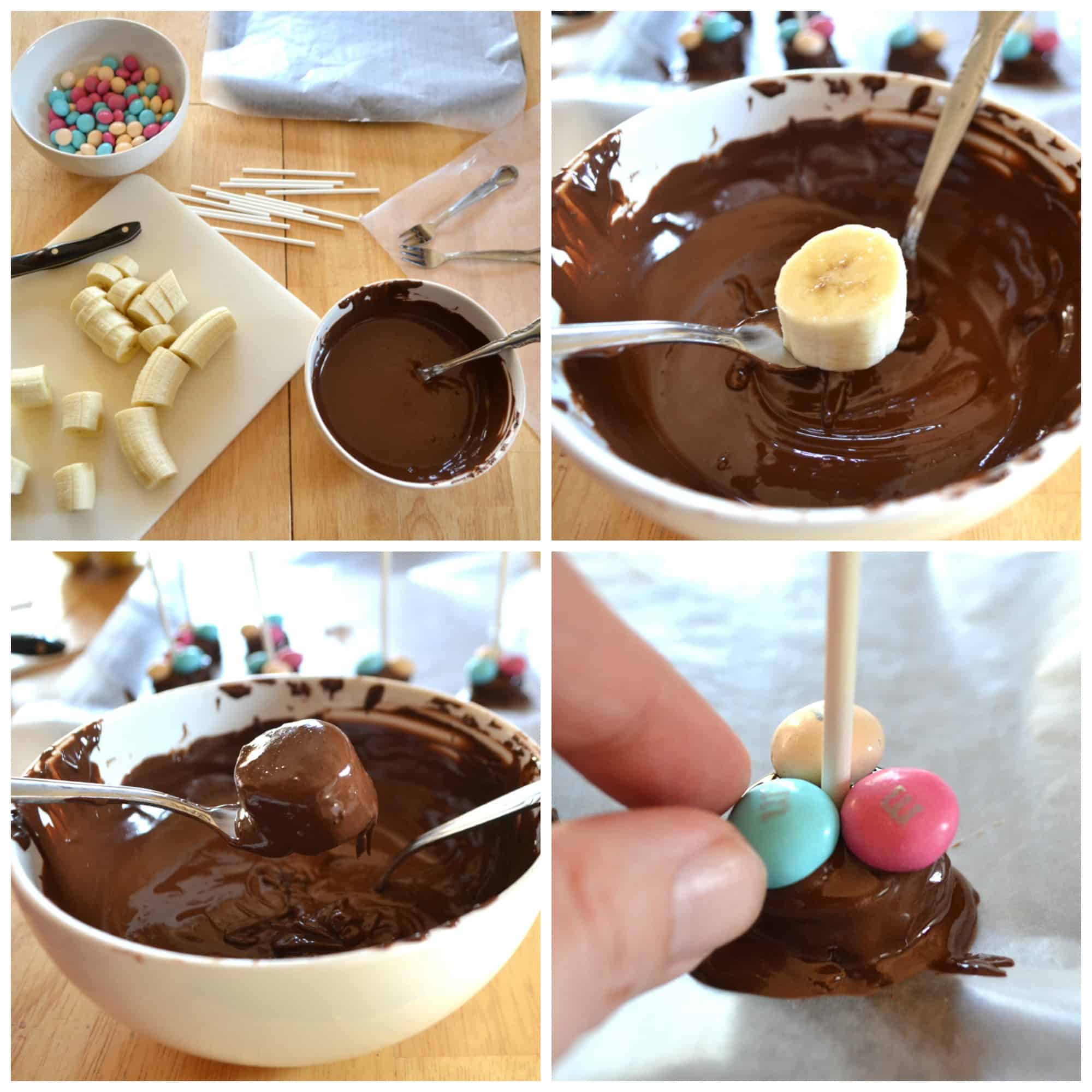 Chocolate Covered Frozen Banana Pops | Chunks of banana dipped in dark chocolate & topped with M&M's® | An easy & perfect anytime sweet snack | www.craftycookingmama.com