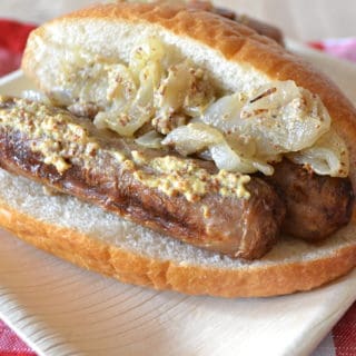 Grilled Turkey Bratwurst Sausage with Coarse Mustard & Onions | www.craftycookingmama.com