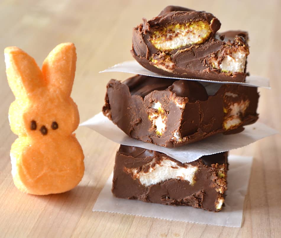 Chocolate Peanut Butter Marshmallow Peeps Fudge | Easy & Effortless - made in microwave & takes less then 5 minutes | Creamy & delicious | www.craftycookingmama.com