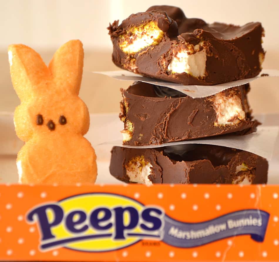 Chocolate Peanut Butter Marshmallow Peeps Fudge | Easy & Effortless - made in microwave & takes less then 5 minutes | Creamy & delicious | www.craftycookingmama.com 