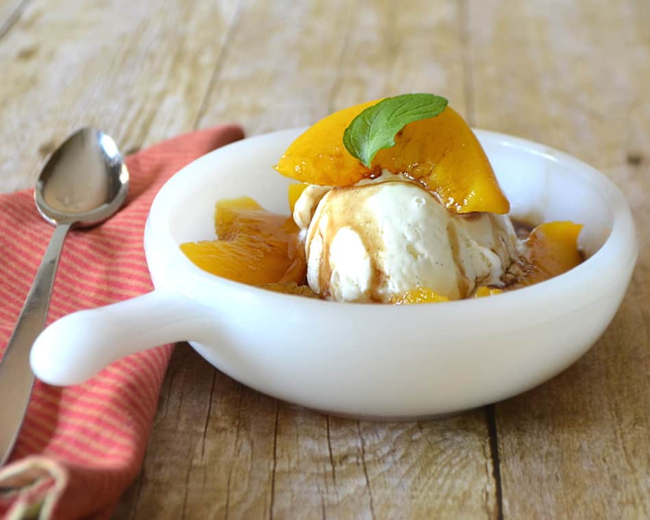 Canned Peaches All Grown Up | Canned Peaches with Heavy Syrup Reduced with Balsamic & Served Over Vanilla Ice Cream | www.craftycookingmama.com