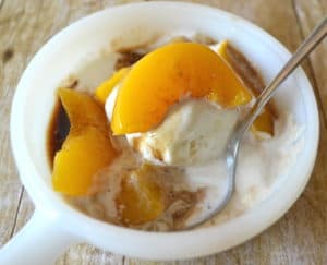 Canned Peaches Made Delicious | Save the Heavy Syrup & Reduce with Balsamic & Served Over Vanilla Ice Cream | www.craftycookingmama.com