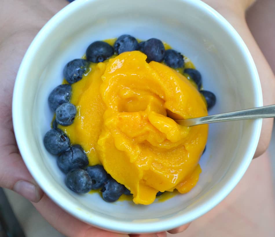 Mango Sorbet - a sweet, simple and decadent frozen treat made with just two ingredients. Healthy & vegan | www.craftycookingmama.com