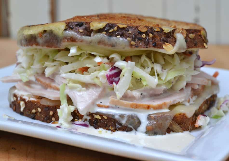 The Rachel Sandwich - grilled with swiss cheese and topped with turkey & coleslaw | www.craftycookingmama.com