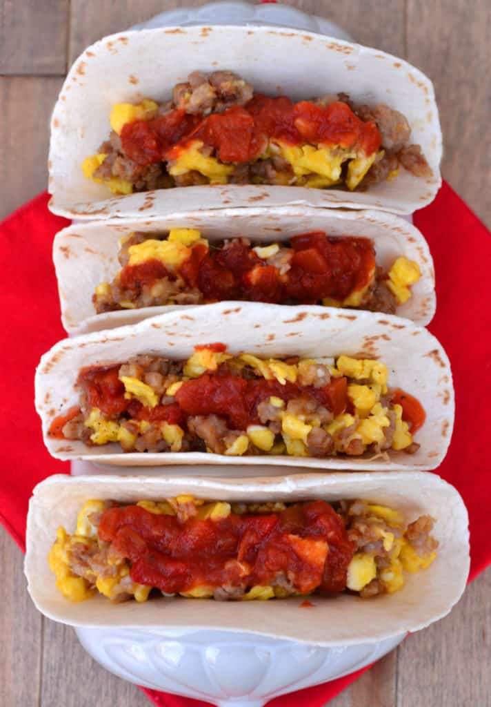 Quick & Easy Sausage, Egg & Cheese Breakfast Tacos or Burritos