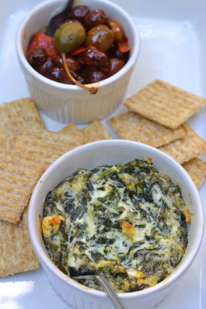 Baked Spinach Feta Cheese Dip with Crackers & Olives