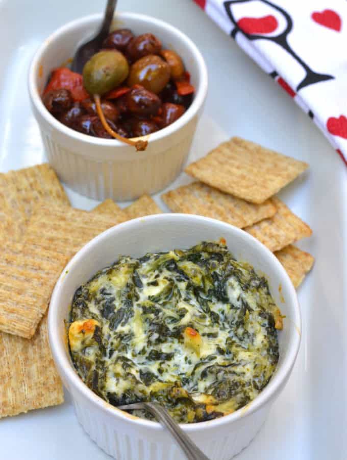 Baked Spinach Feta Cheese Dip with Crackers & Olives