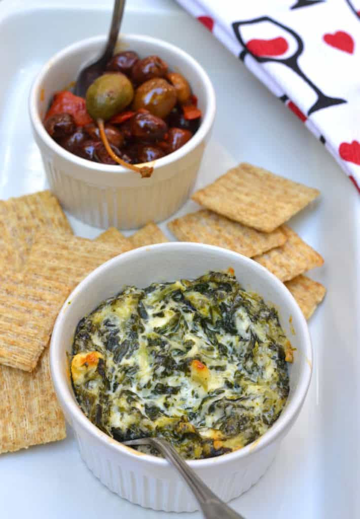 Baked Spinach Feta Cheese Dip with Crackers & Olives