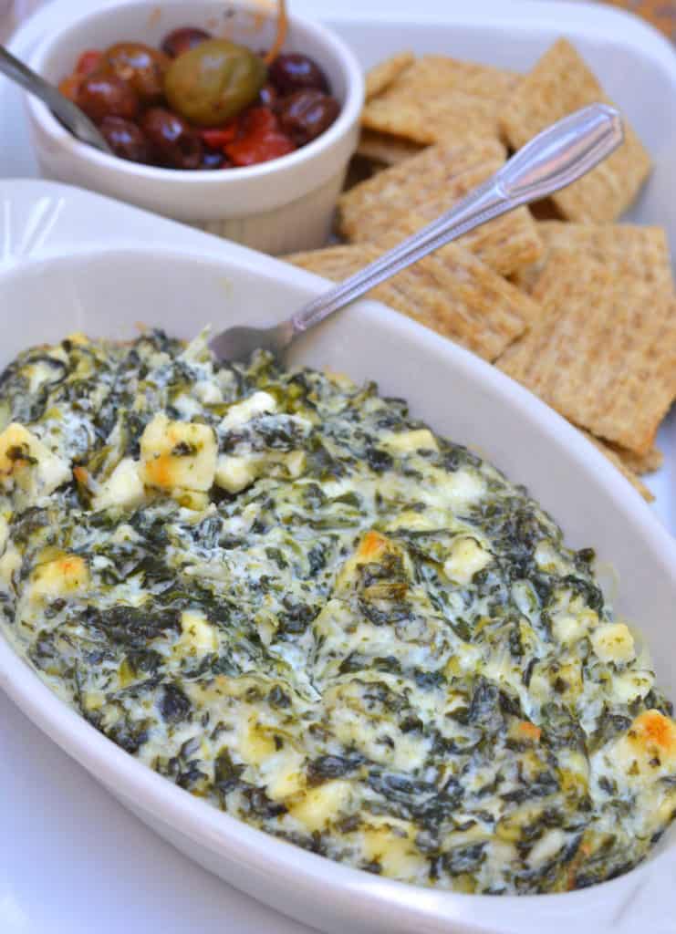 Baked Spinach Feta Cheese Dip with Crackers & Olives