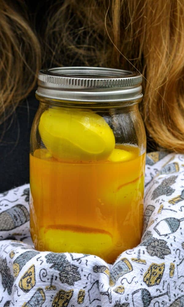 Sweet and Sour Hardboiled Pickled Eggs in a Mason Jar