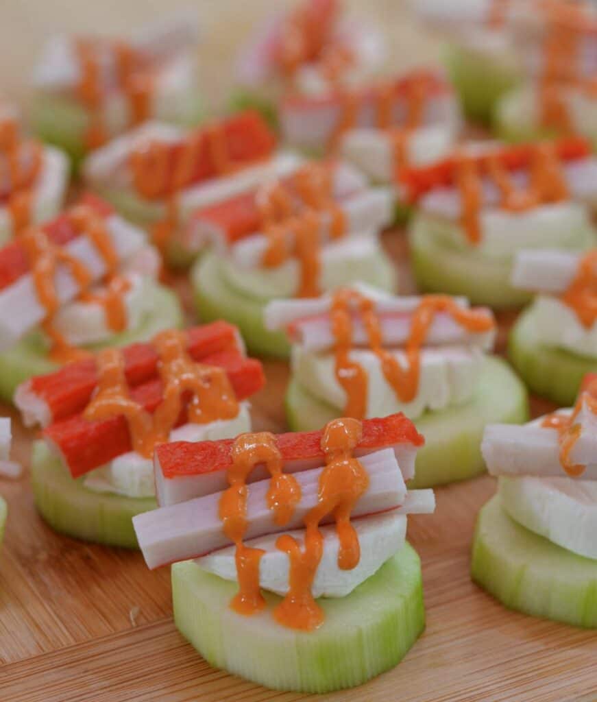 Overhead Shot of Cucumber Crab Sushi with Spicy Sriracha Mayo