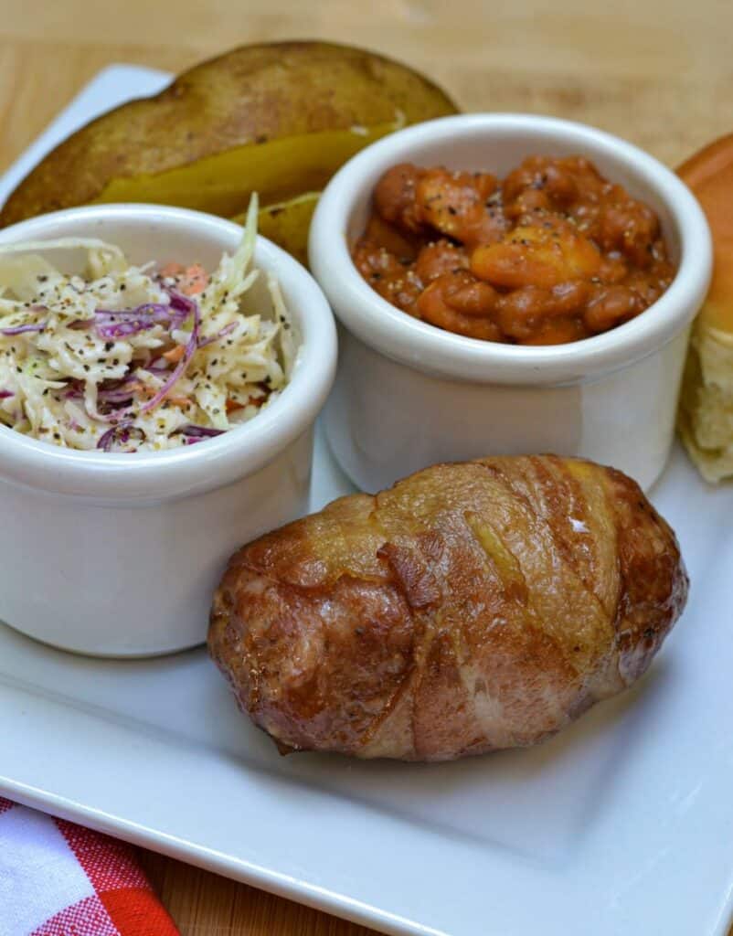 Southside Market & Barbecue Bacon Wrapped Sausage Slammers With Potato, Baked Beans and Coleslaw